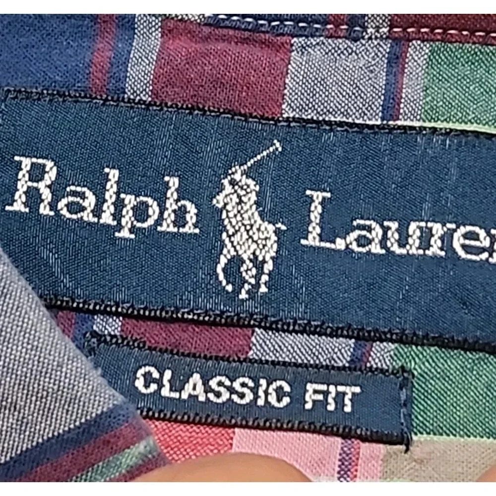 Ralph Lauren Shirt Men L Green Pink Multi Plaid Button Up Classic Fit Short Slee
